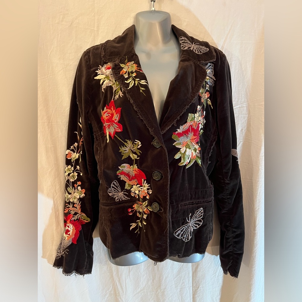 JOHNNY WAS velvet jacket blazer brown floral butterfly embroidered M medium - Picture 10 of 16